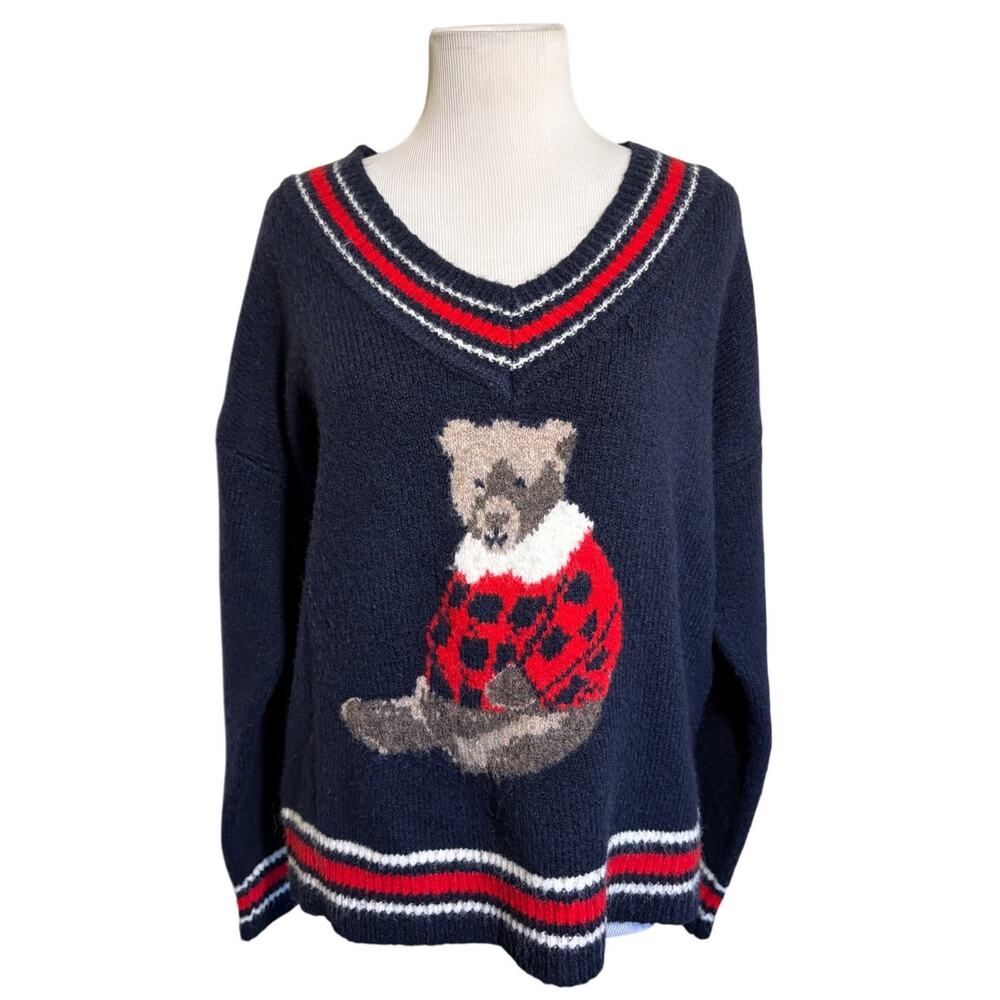 Cupcakes and Cashmere Teddy Bear Intarsia Navy Varsity V Neck Sweater M